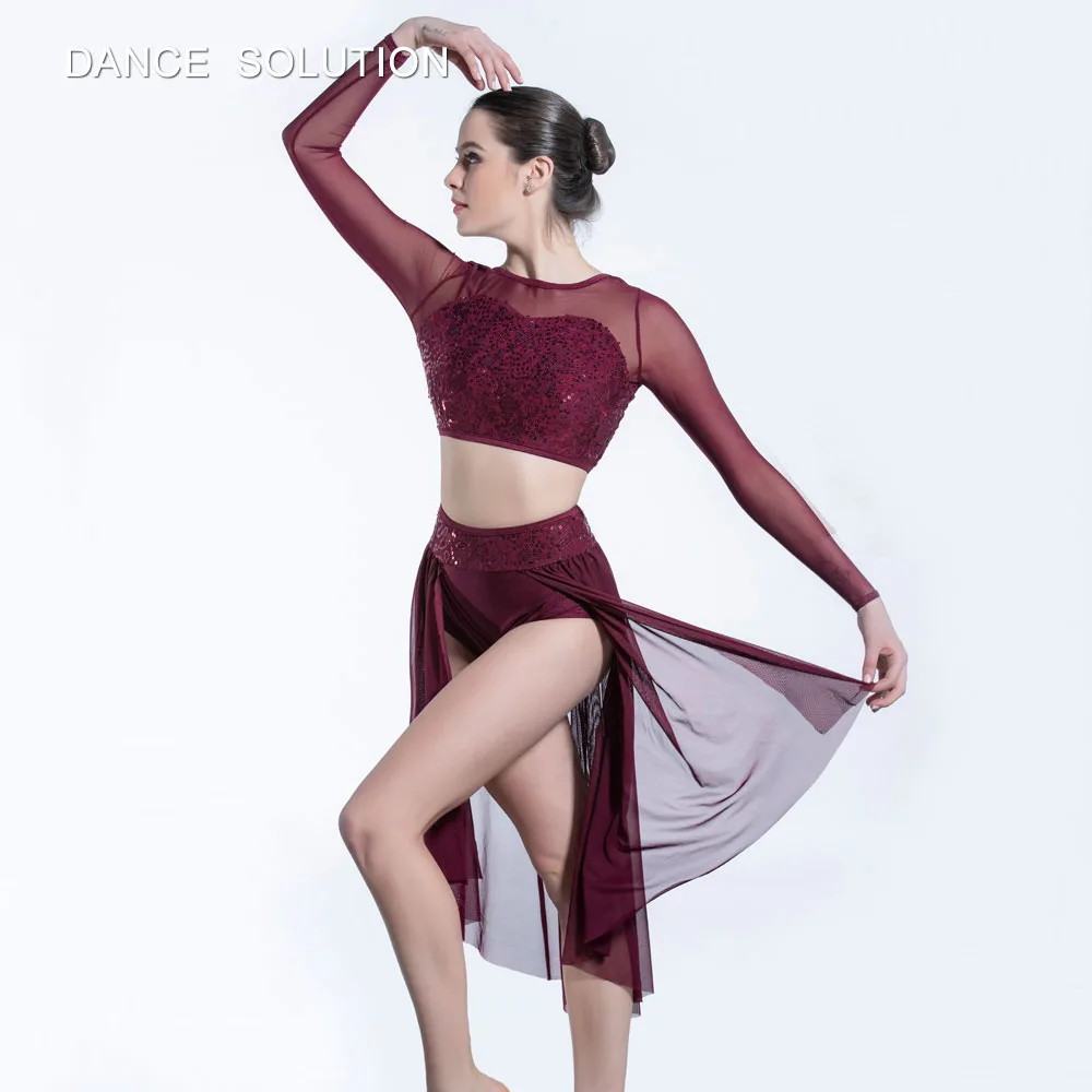 19600 Burgundy Sequin Crop Top with Shorts Attached Skirt Girl &amp Woman Contemporary Dance Dress Dancer Stage Performance Costume |