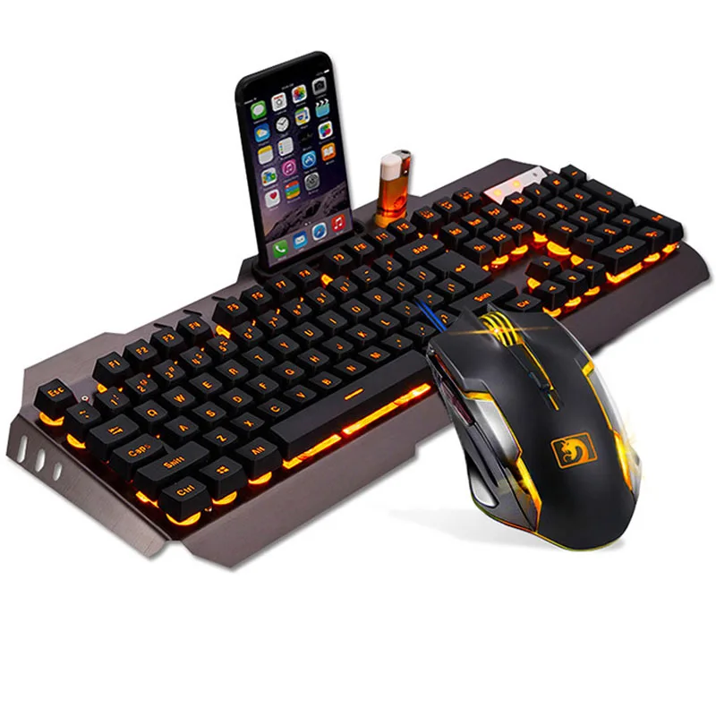 Black Yellow light Проводная игровая клавиатура 104 клавиш клавиатура с подсветкой мышь комбинированная металлическая панель геймерская клавиатура Русские наклейки для настольного ПК планшета - Цвет: Black Yellow light