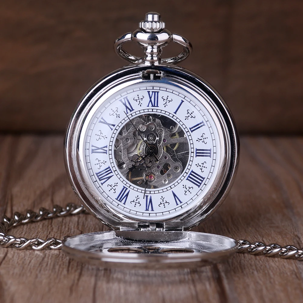 

Fashion Silver pendant Mechanical Pocket Watch Double Open With Metal Chain Steampunk Watch Roman Number Unisex