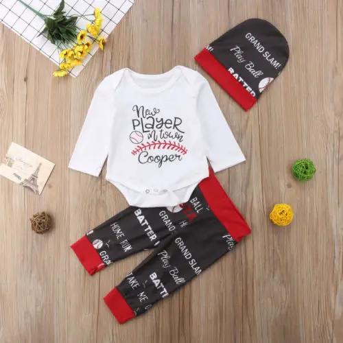2018 Canis Newborn Baby Boys Girls Player Tops Romper+Long Pants Hats 3PCS Outfits Clothes Football Baseball Autumn Set | Детская одежда