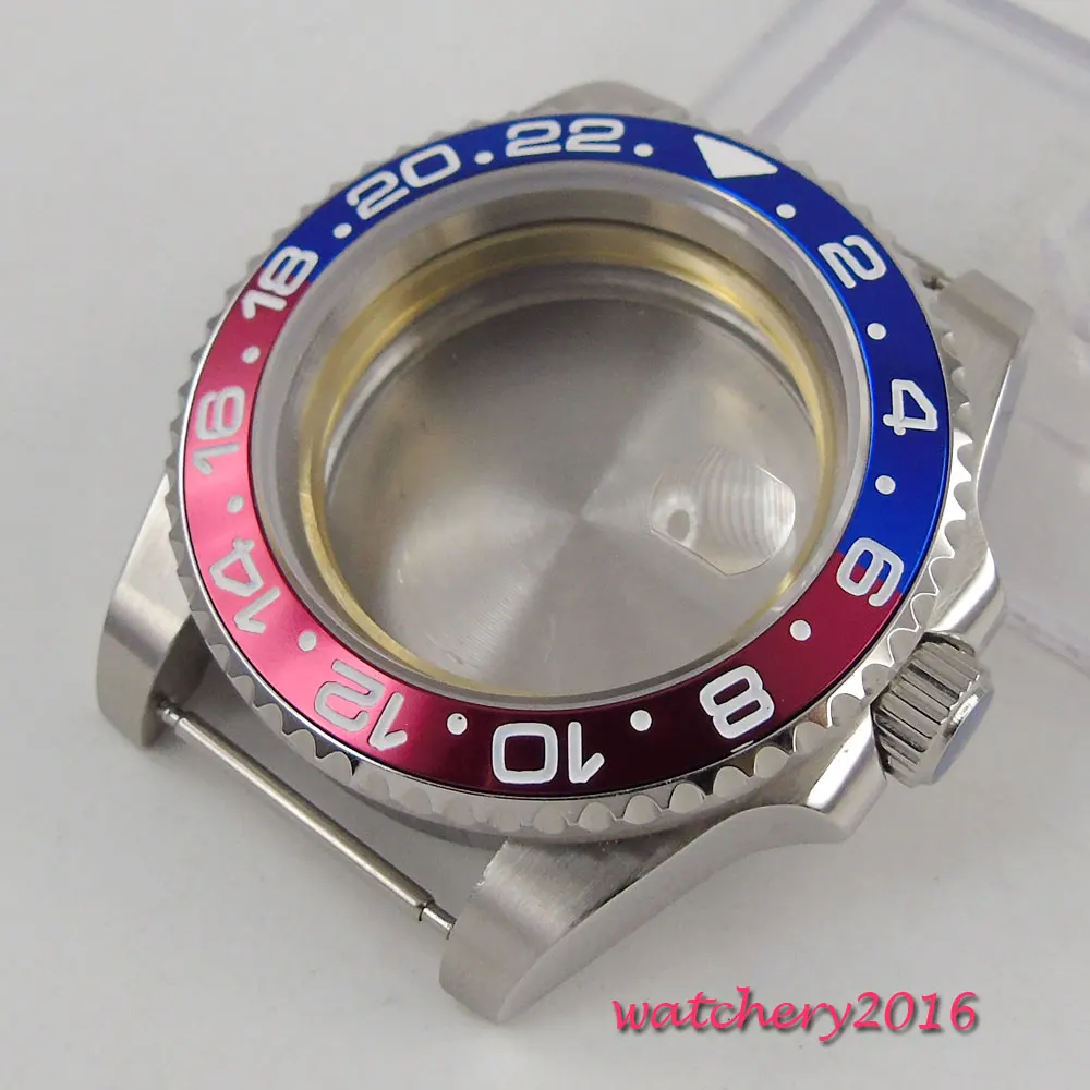 

Hot 40mm parnis Sapphire Glass Date Window Blue & Red Bezel stainless steel Brushed Watch Case fit 8215 2836 Movement