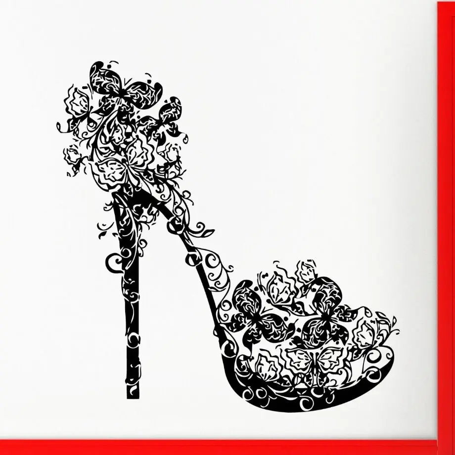 

High Heel Shoe Wall Decal Butterflies Swirls Flower Fashion Wall Sticker Home Bedroom Wall Art Mural Beauty Salon Decor AY828
