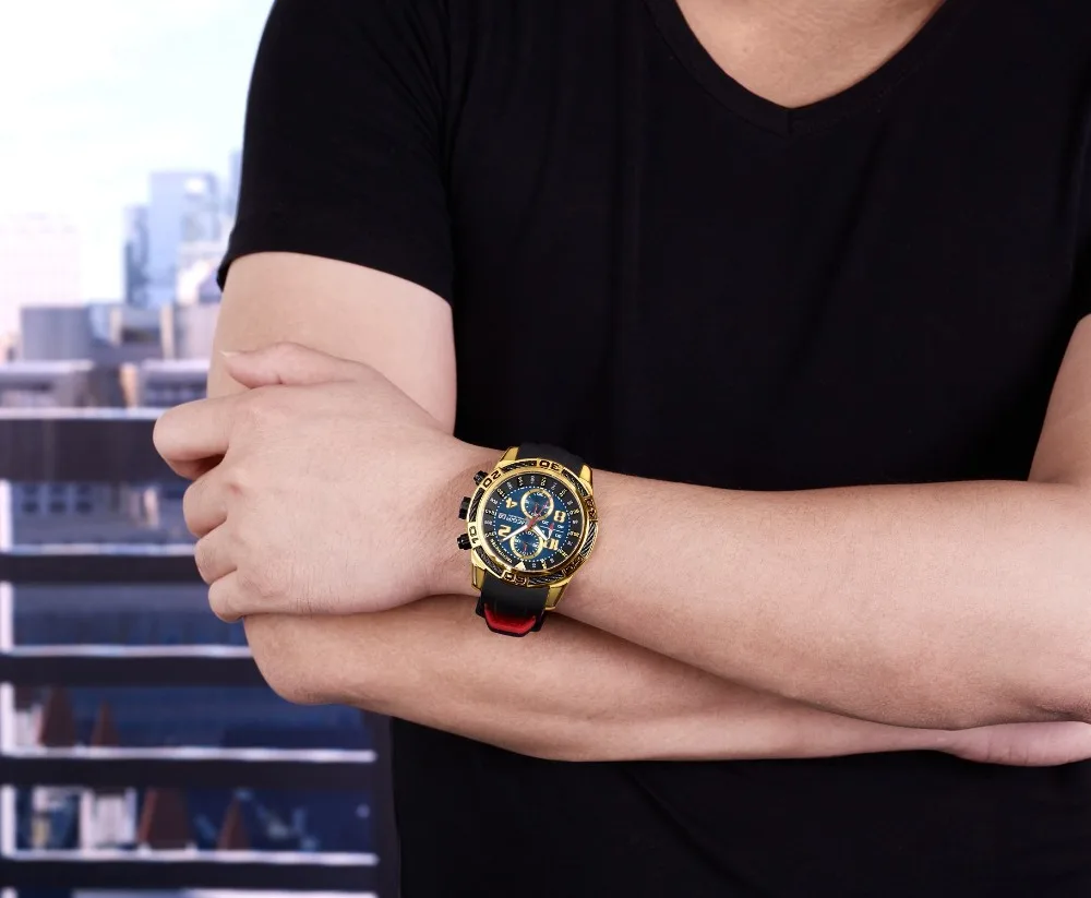 Megir аналоговый хронограф батарея кварцевые часы для мужчин черный силиконовый