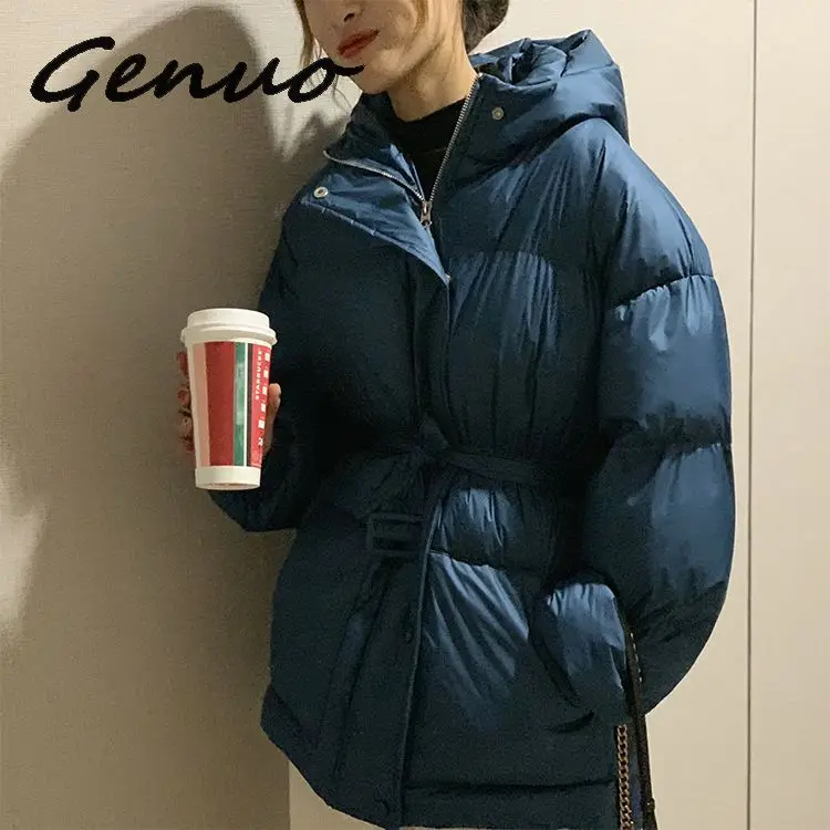 Genuo New Three Color Solid Women Parkas Hooded Zipper Single Breasted Coat Winter Thick Korean Fashion Sashes Jacket