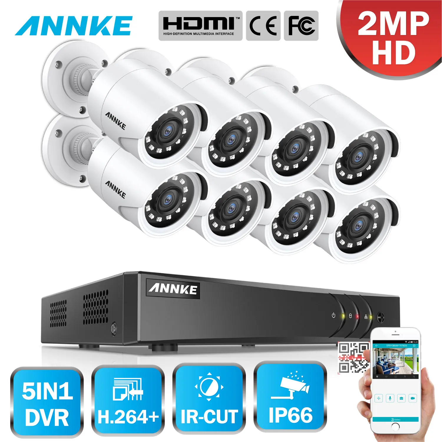 Цилиндрическая камера видеонаблюдения ANNKE 8 каналов 1080P Lite 1080N H.264 + 5 в 1 DVR 8X TVI
