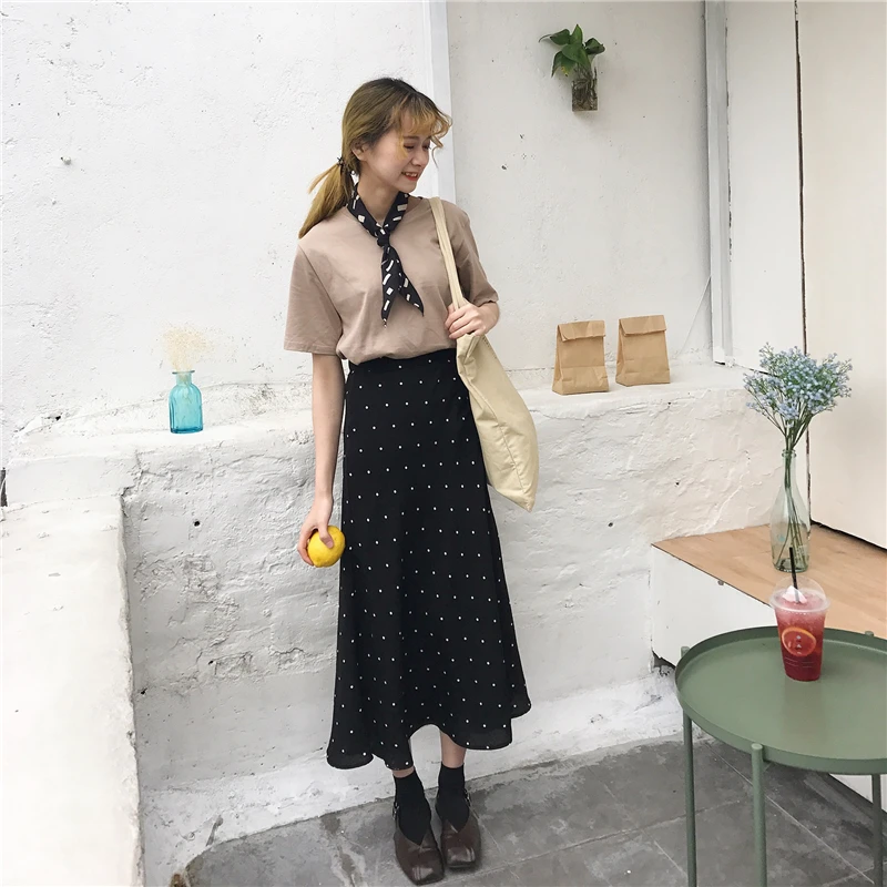 Летние тонкие длинные юбки женские с высокой талией Harajuku Юбки в горошек Корейская уличная одежда женская юбка jupe femme faldas
