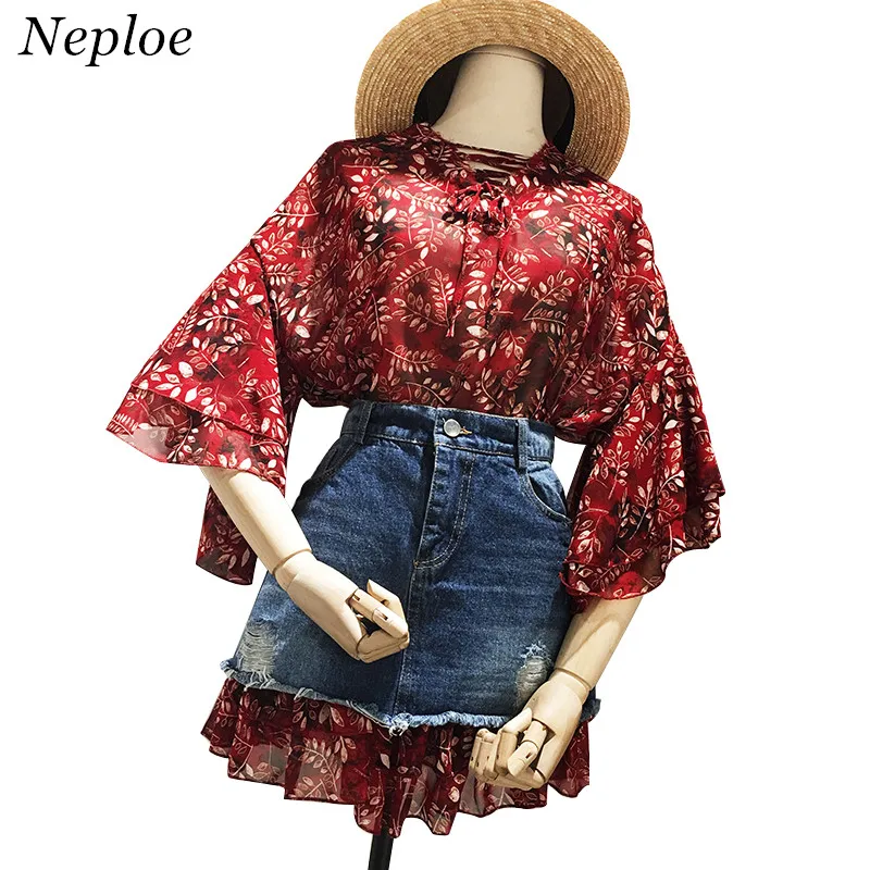 Neploe 2018 новые летние Для женщин костюм Цветочный flaresleeve шифоновая рубашка +