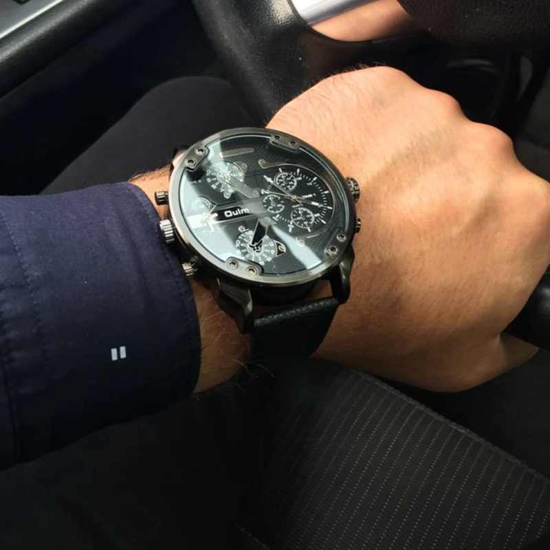 Большие кварцевые часы Oulm мужские повседневные с двумя часовыми поясами из