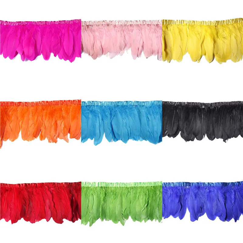 

wholesale high quality 15-20 cm multi color goose trim 10m/ batch dyed goose feather with goose stripes DIY feathers for crafts
