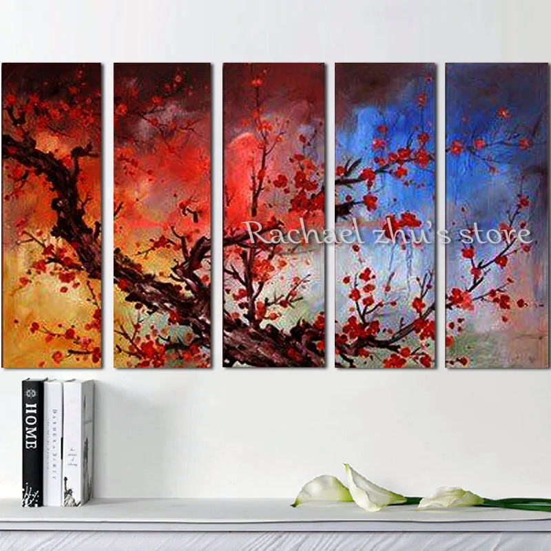 Kopen Handgeschilderde 5 Panles Wintersweet Bloem Landschap Olieverfschilderij Landschap Picturer Voor Woonkamer Interieur