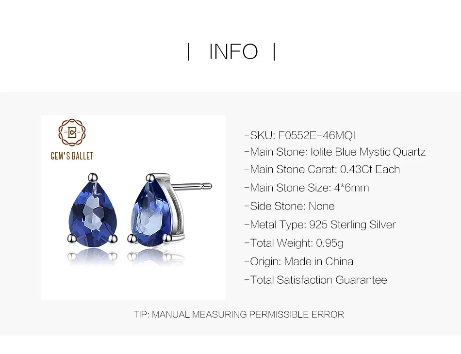 Gem's балет 4*6 мм 0.86Ct натуральный иолит синий мистический кварцевый камень серьги гвоздики 925 пробы серебро ювелирные украшения для женщин