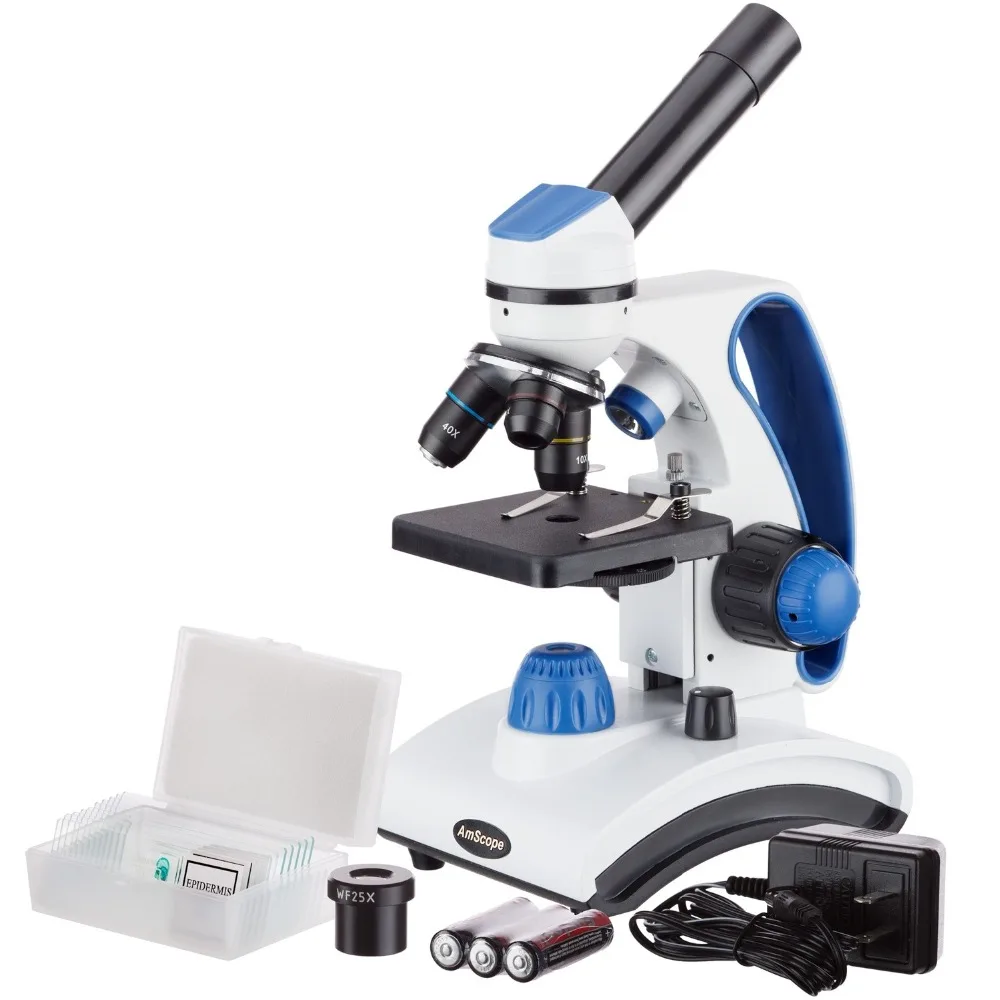 AmScope 40X 1000X Двойной легкий стеклянный объектив металлическая рамка Студенческий