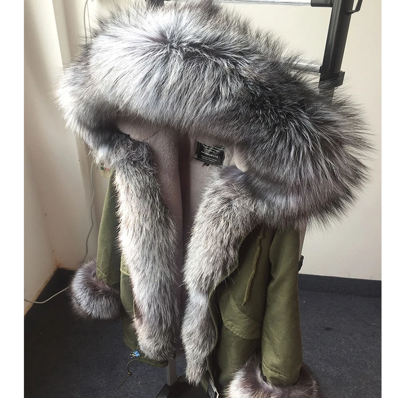 Luxury winter fur parka women long coats and jackets real silver fox collar hood placket cuff thick warm wool lined wear | Женская