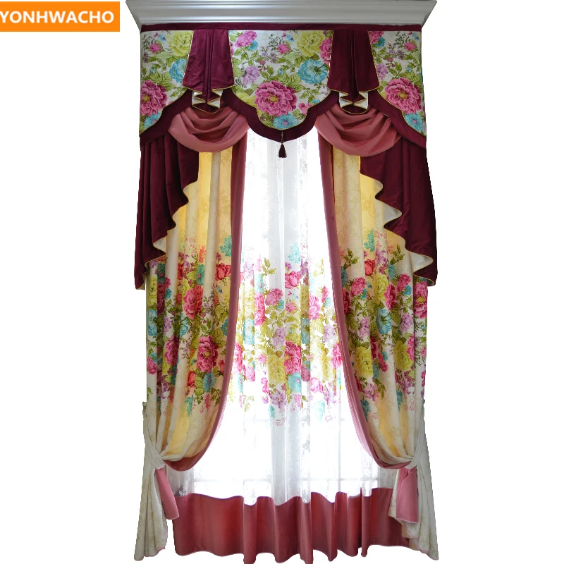 

Custom curtains Rural American printed European pastoral romantic wedding room cloth blackout curtain tulle valance drapes N865