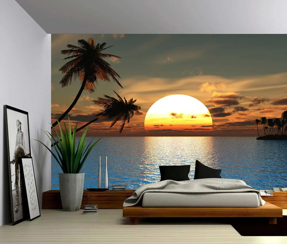 Custom 3D Photo Wallpaper Tropical Sunset Ocean Palm Tree Wall Mural| Removable Decor Self-adhesive PVC Wall Stickers