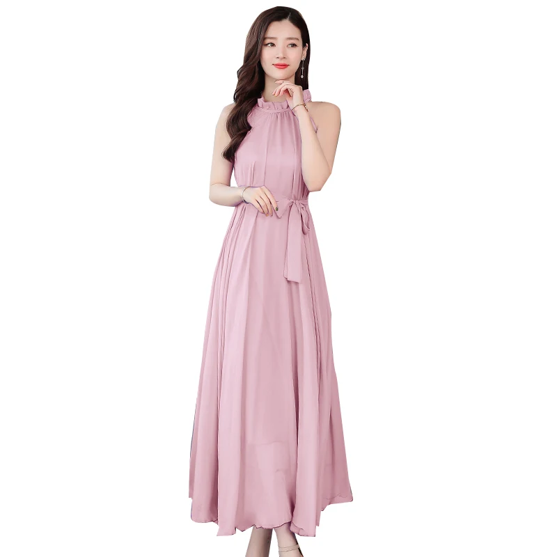 

2019 Summer New Arrival High Quality Bohemian O-neck Solid Color Woman Long Chiffon Beach Dress