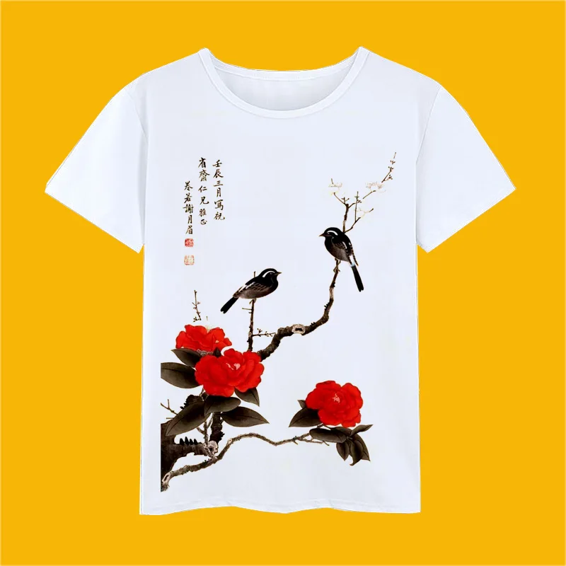 Женские футболки в китайском стиле с принтом птиц женские летние большие размеры