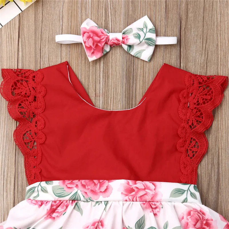 Розового и красного цвета платье для маленьких девочек кружевное с цветочным