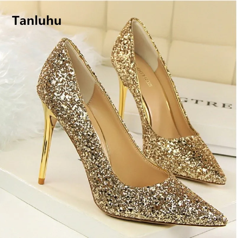 

Tacones altos/Женская мода 2018, золотые пикантные вечерние туфли-лодочки на высоком каблуке, женские стильные туфли из искусственной кожи на высок...