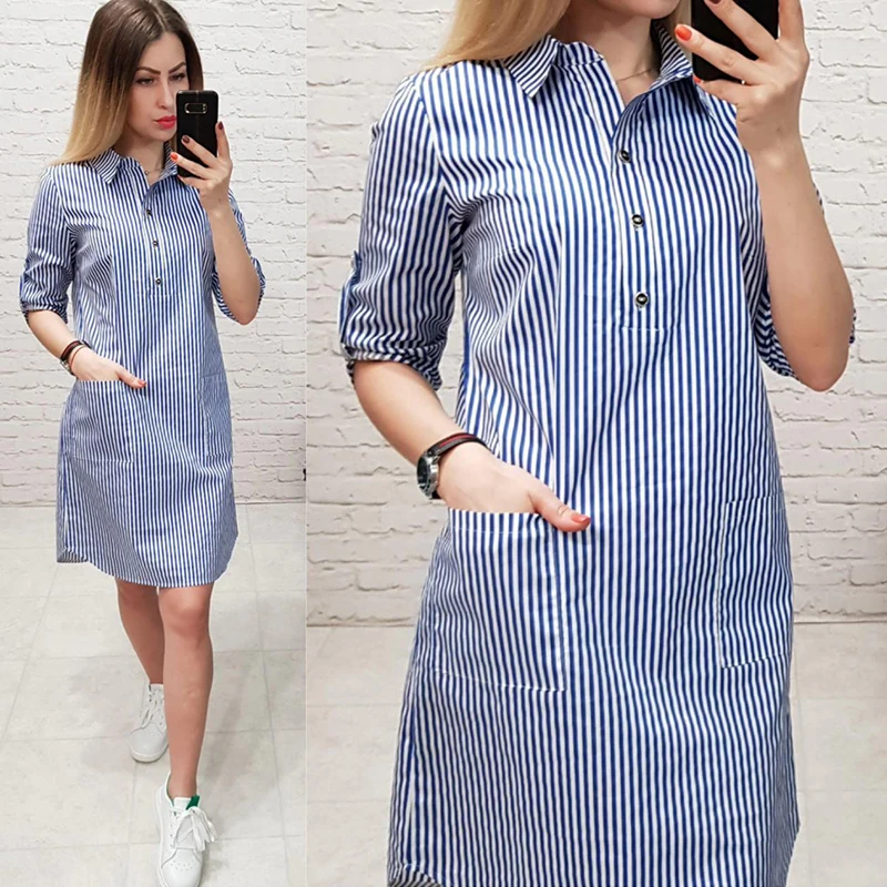 2019 летнее модное винтажное женское платье полосатые карманы пуговицы вечерние
