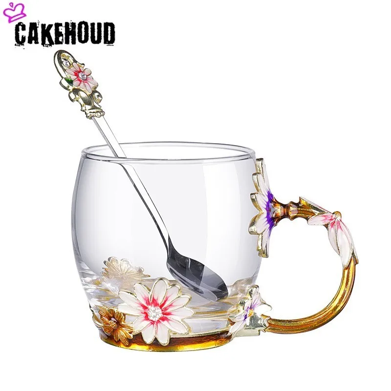 Цветная эмалированная чашка CAKEHOUD с металлической ручкой прозрачная стеклянная