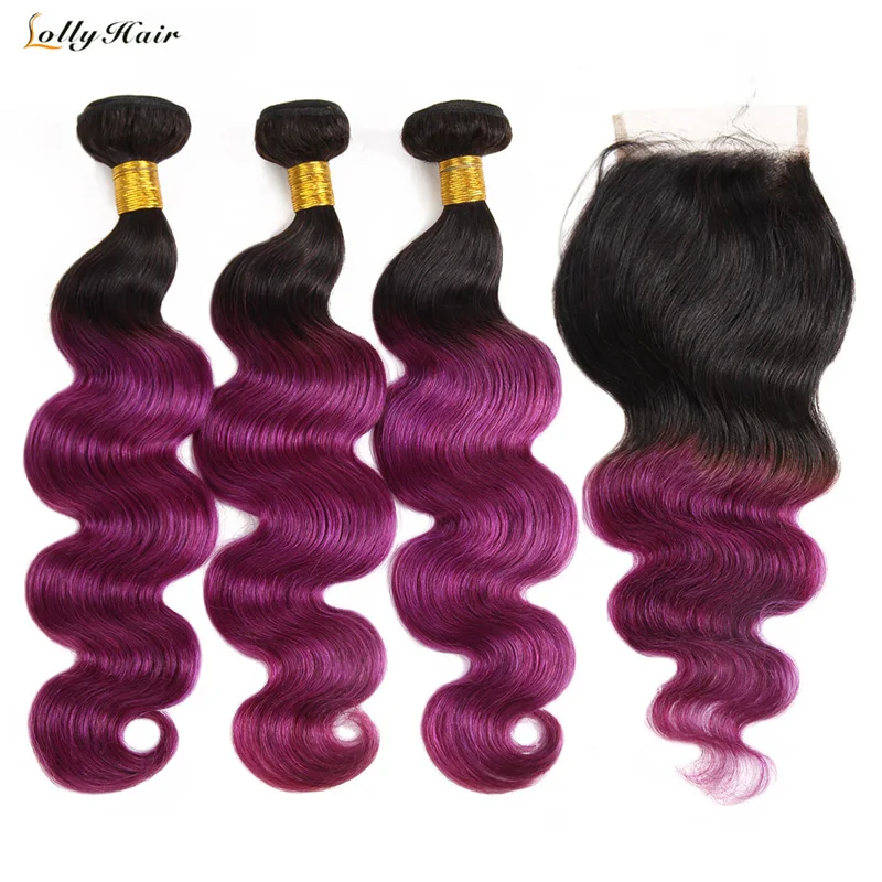 

T1B/Purple Ombre Hair Bundles with Closure Dark Roots Human Hair Brazilian Body Wave Hair Bundles with Closure Lolly Non Remy