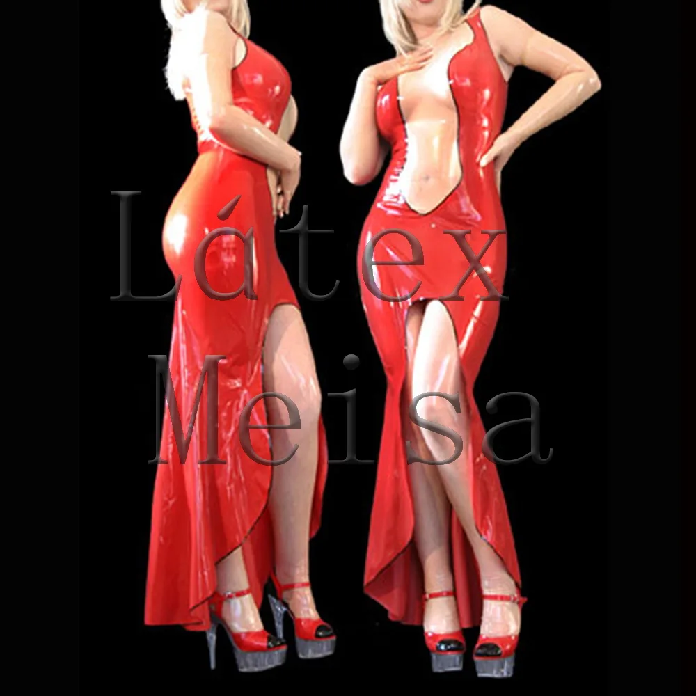 

Bling red color women's sexy evening latex long dress trumpet design with 100% handmade
