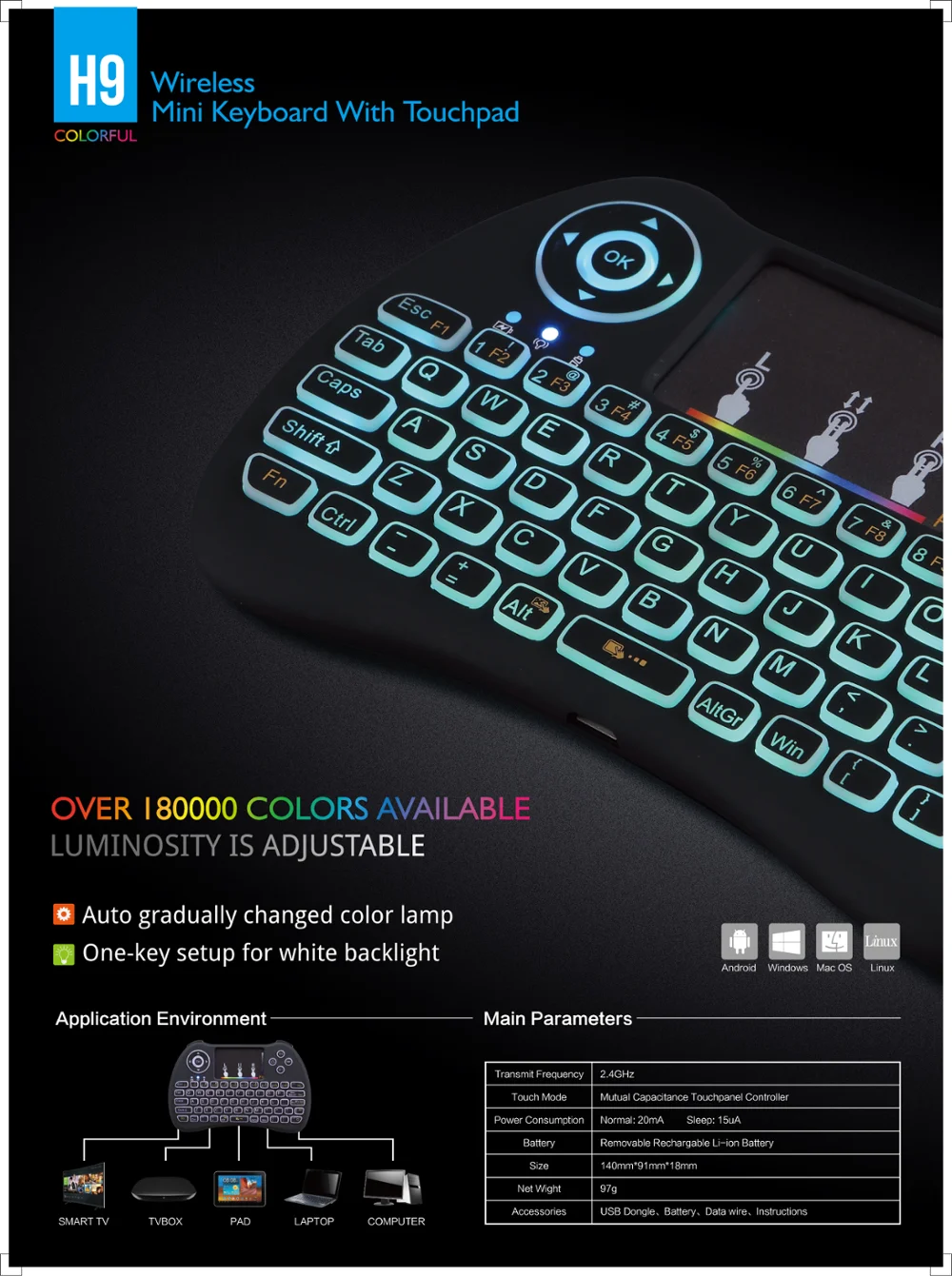 WooYi H9 2,4 ГГц Беспроводная мини клавиатура Air mouse с RGB подсветкой сенсорная панель для Android Google tv Box TZ P9 i8 русская версия