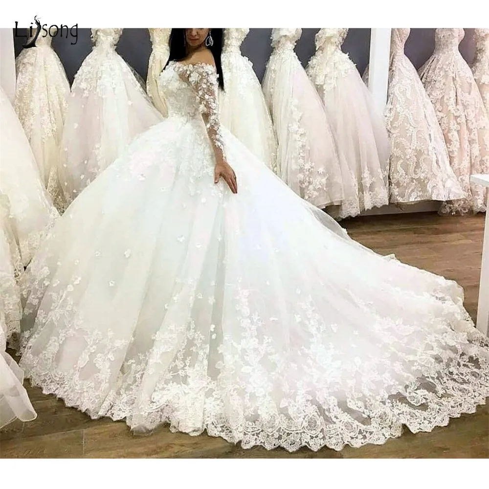 Роскошное Свадебное платье Casamento с 3D цветами кружевом длинными рукавами вырезом