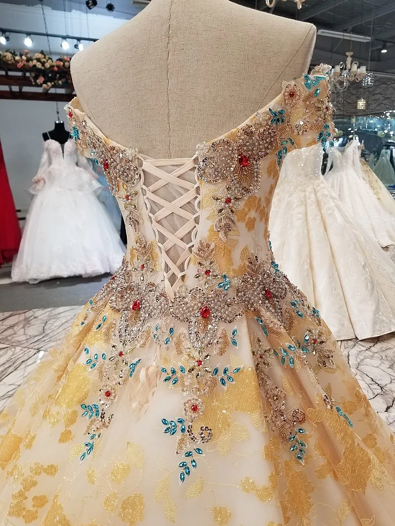 Aolanes 2018 Gold Lace Sweetheart Wedding Dresses Royal Train China Bridal Gown Backless Off The Shoulder Vestido De Noiva | Свадьбы и