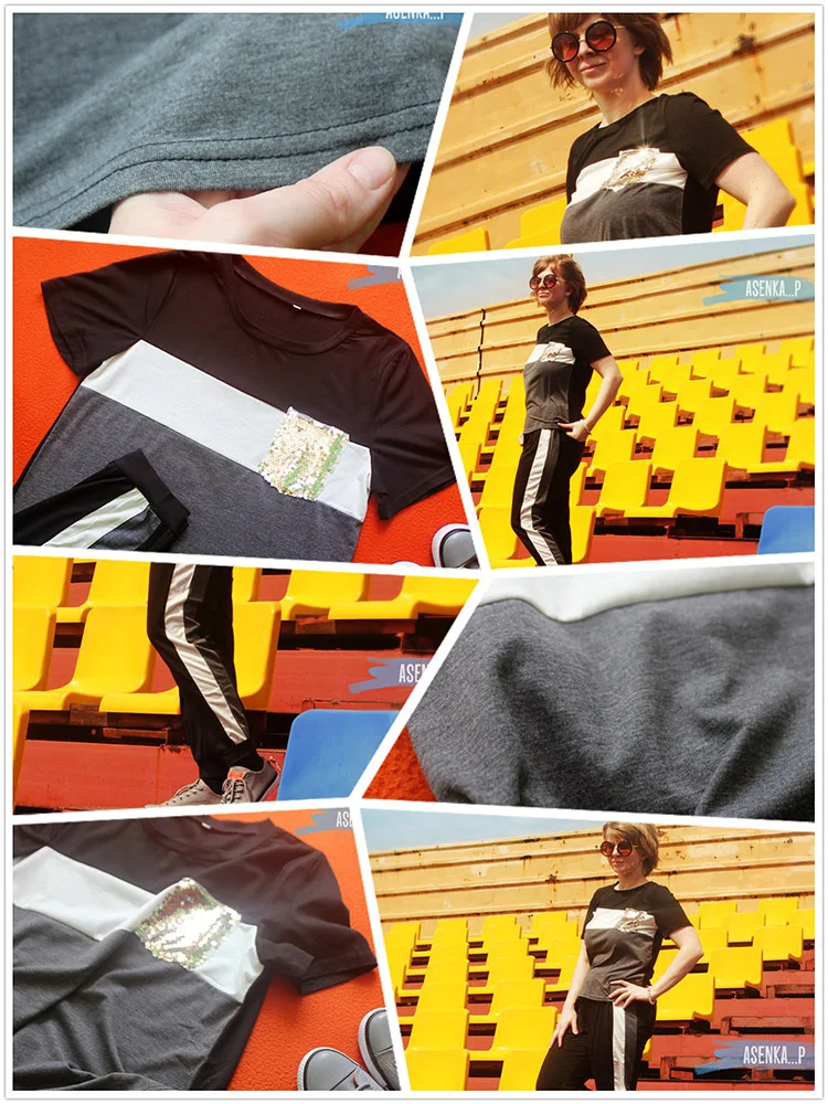 SweatyRocks контрастная Футболка с блестками и контрастными полосатыми тренировочными штанами спортивная одежда набор футболок летний Повседневный Женский комплект из двух предметов