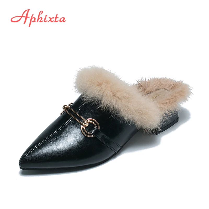

Aphixta Women Slipper Winter Pointed Toe Fur Slippers Slip On Mules Women Buckle Low Heel Outdoor Plush Fur Warm Lady Shoes