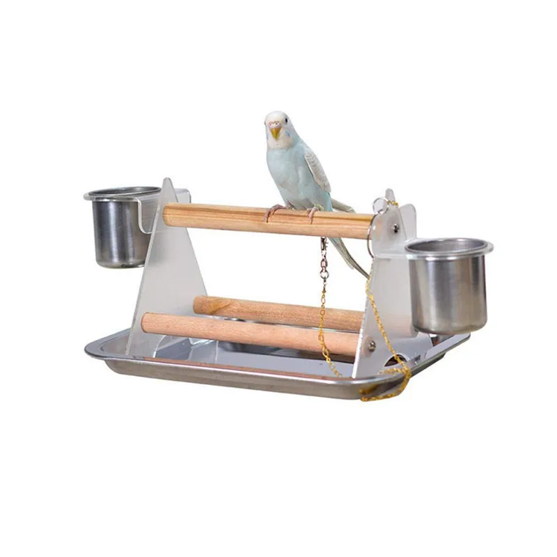 with tray ПЭТ попугай жердочка для птицы стойка Playstand Play обучающая подставка с 2 чашей для кормления чашка птица обучающая подставка еда чашка инструменты для кормления - Цвет: with tray