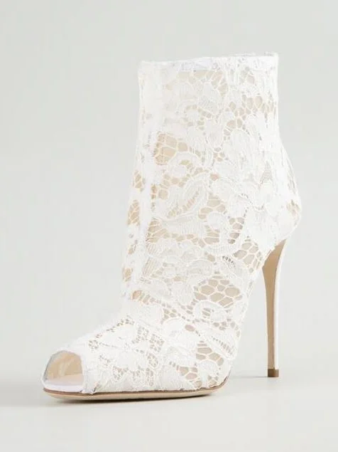 

Sweety Lace Material Hollow Boots Peep Toe Ankle Zip High Heel Bootie Print Hollow Lace Decor Stiletto Dress Runway Sandal Boots