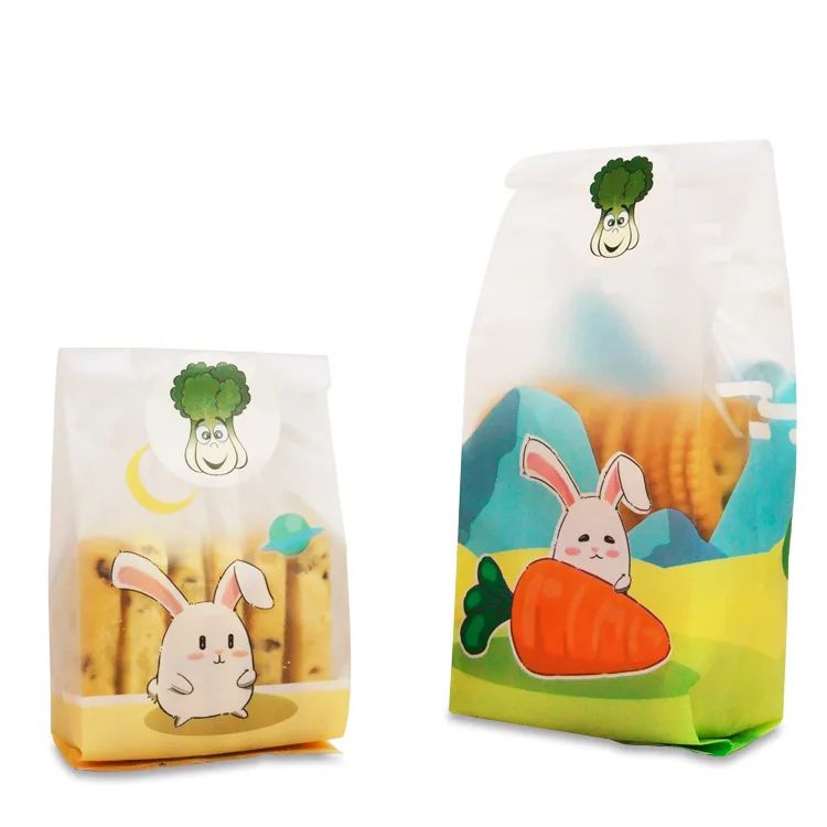 

50pcs Cute Rabbit Cookie Bags with Sticker Cartoon Animal Print Plastic Gift Pouch for Baking Shop Wedding Birthday Party Favors
