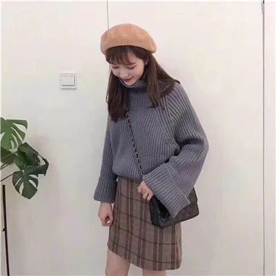 Gray XIKOI осенние женские свитера с высоким воротом, свободный размер, Длинные свободные пуловеры и свитера с расклешенными рукавами, модные вязаные свитера, джемперы - Цвет: Gray
