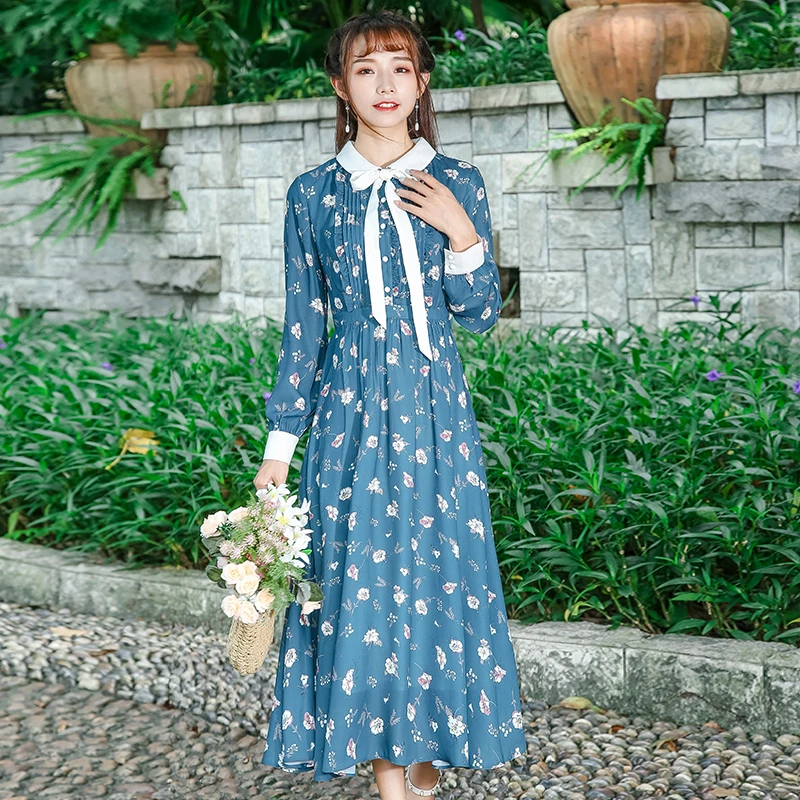 

Mori Girl Vintage Peter Pan Collar Slim Bow Dress Prairie Chic Print Chiffon Fashion Casual Fairy Dress Long Sleeve Maxi Dresses