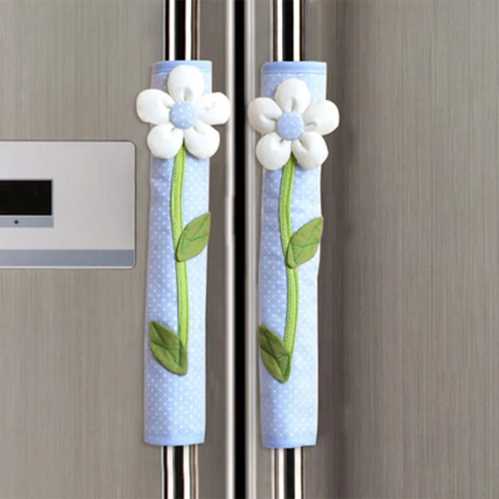 Синий 1 пара Многоразовые Ручка холодильника перчатки моющийся полька в горошек чехол домашний декор для кухни защиты пастырской холодильник резной цветок - Цвет: Синий