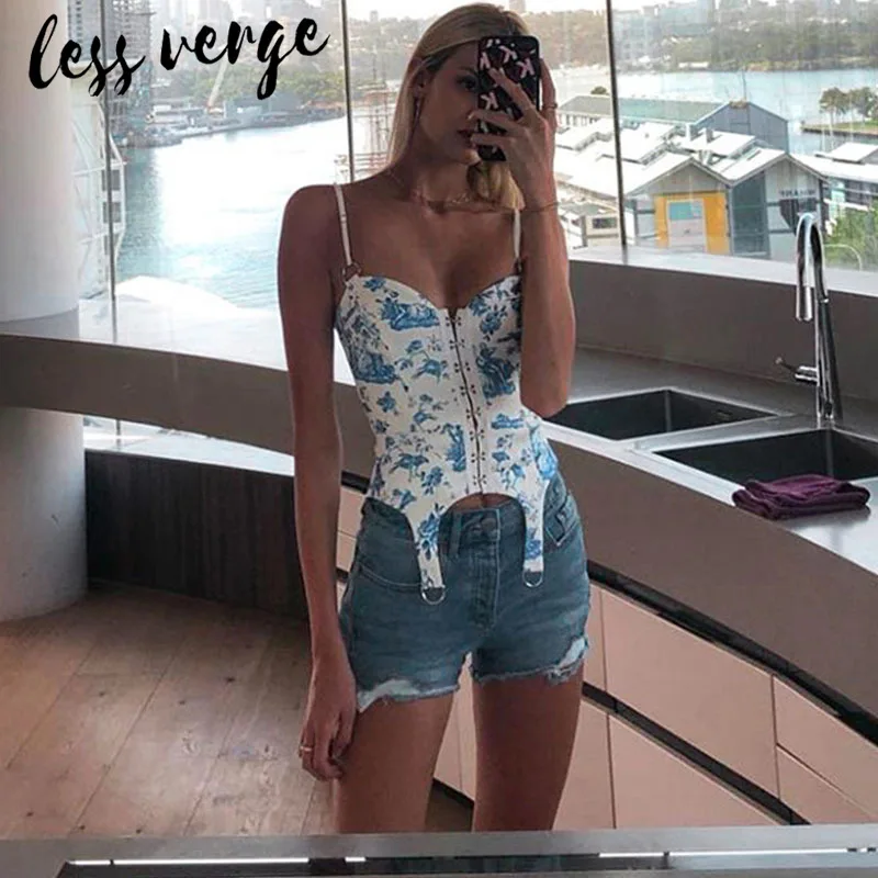 Lessverge синий тонкий сексуальный цветочный принт укороченный Топ для женщин летний