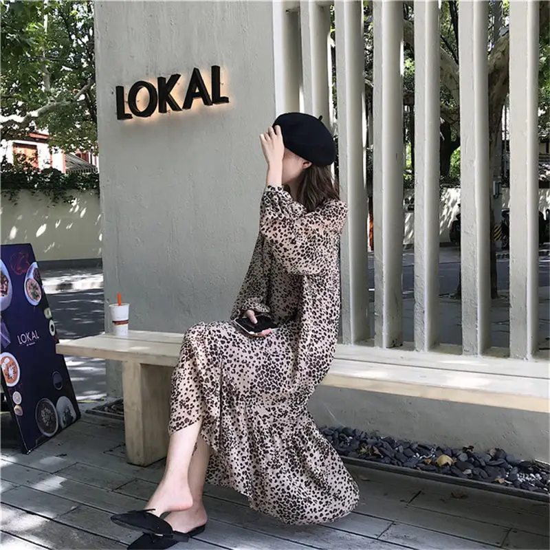 HziriP Women New Elegant Long Shirt Dress 2018 Autumn Leopard Sleeves Party Loose Versatile Chiffon Dresses Send Sling | Женская одежда