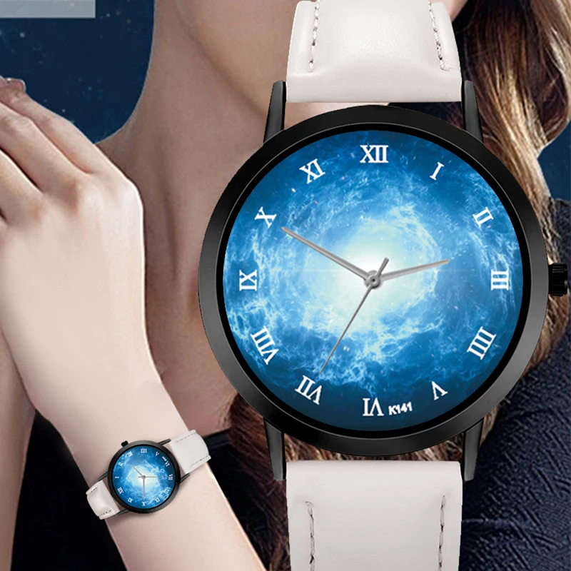 Повседневные кварцевые часы с атмосферным пространством легкие кожаным