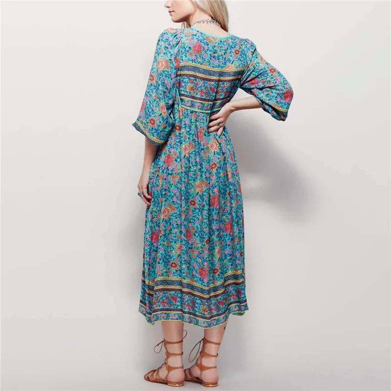 Spring Summer Fashion Lady Sexy Deep V-neck Half sleeve Split Dress Bohemian Printed Maxi plus size beach dress vestidos | Женская