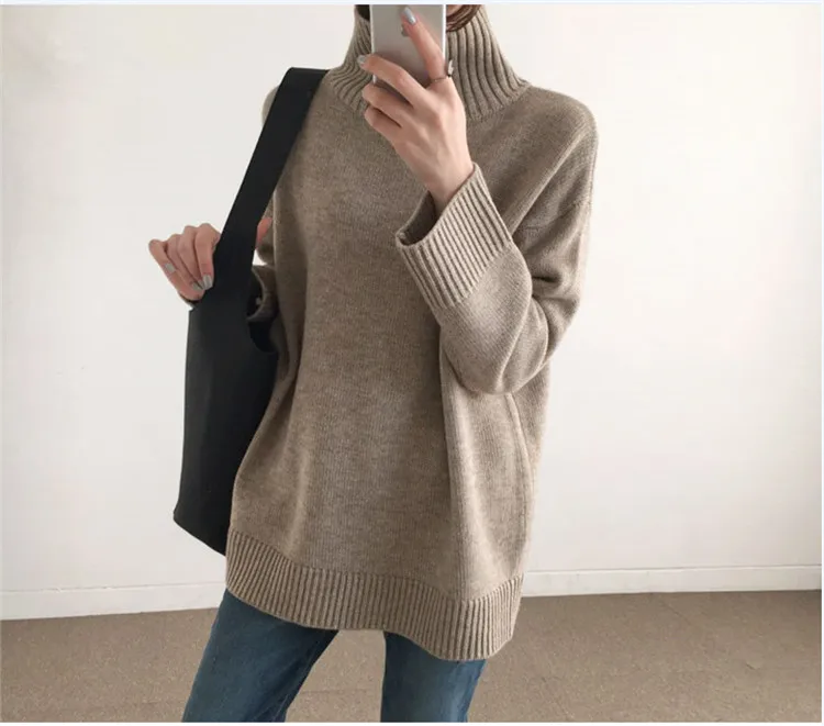 new arrival goat cashmere thick solid knit women korean style high collar long pullover sweater white 2color one&ampover size | Женская