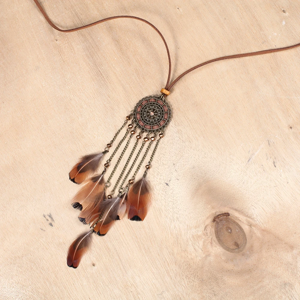 Этническое женское ожерелье в стиле панк с перьями винтажное длинное подвеской