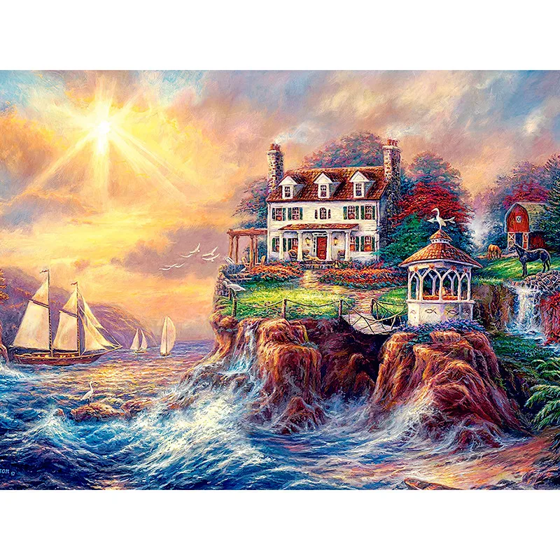5d diy diamond embroidery sunset seaside house painting Cross Stitch full square Rhinestone mosaic decoration | Дом и сад