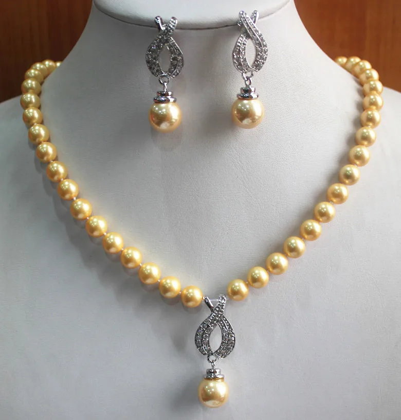 Свадебный ювелирный набор 8 мм чистый жемчуг с желтой раковиной ожерелье матч 14