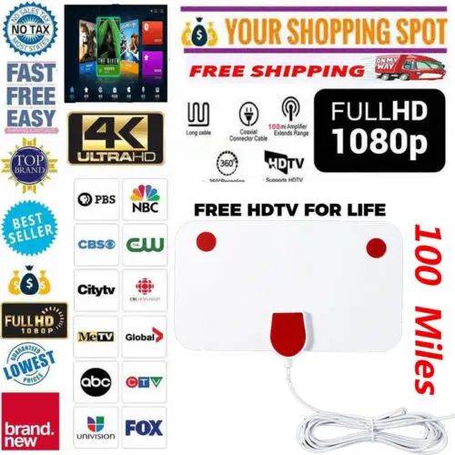 Антенна плоская тонкая 100 миль HD высокой четкости для ТВ TV 1080P 4K D 10 футов кабель