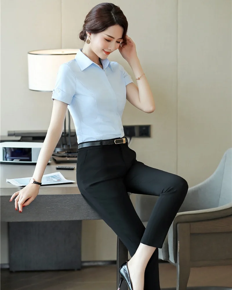 Женские светло голубые рубашки женские Рабочие блузки комплекты брюк и топов из 2
