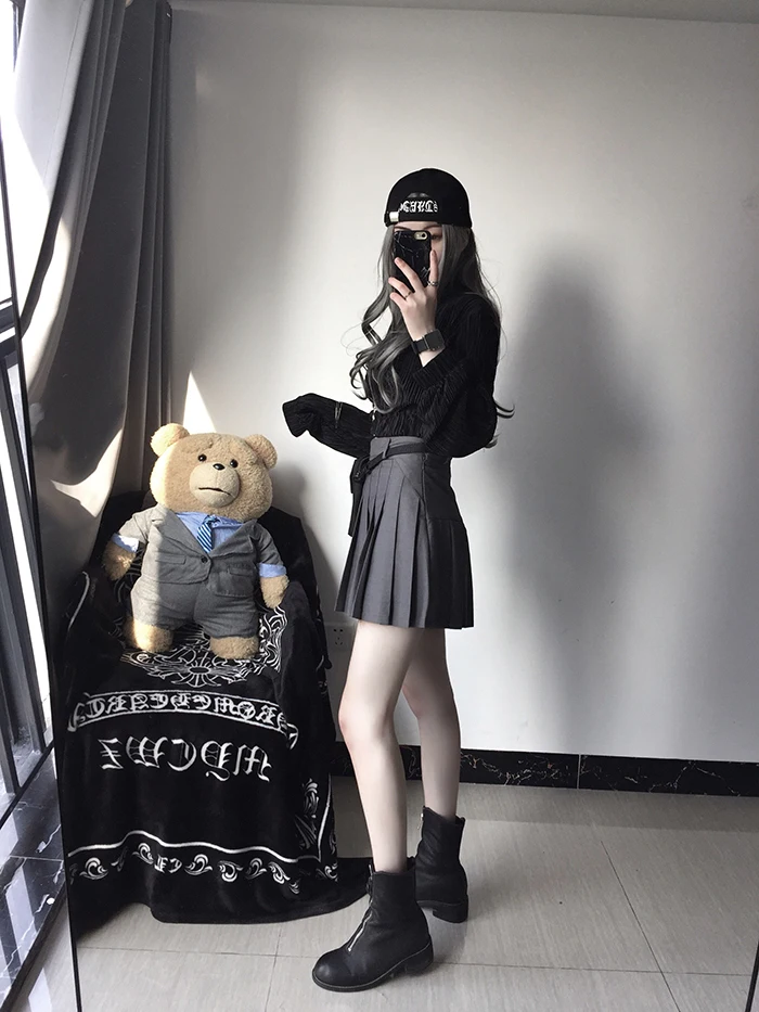 Женская плиссированная юбка в консервативном стиле серая короткая с высокой