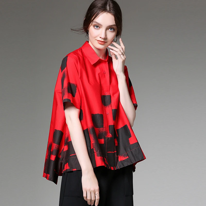 Large size women's 2019 summer new loose print casual shirt show slim versatile blouse turn down collar short sleeve | Женская